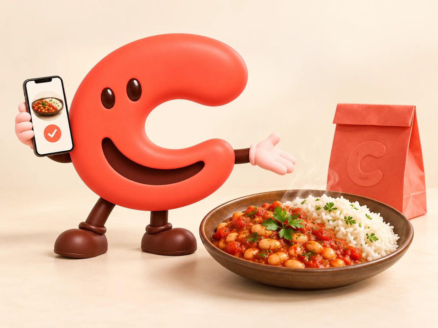 Telefon, yemek ve CHEFRA çantasıyla CHEFRA maskotu